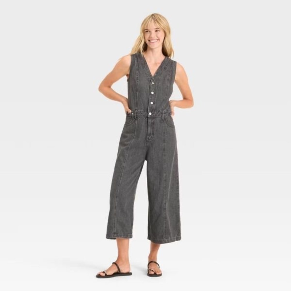 Universal Thread Denim Sleeveless Button Front Wide Leg Jumpsuit Black 6 NWT